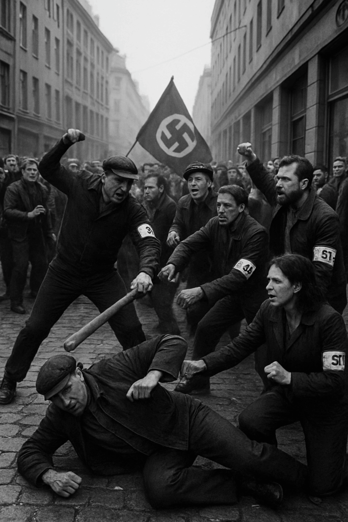 Vertikalt bilde som viser mishandling av fagforeningsfolk, hvor fasime og nazisme kjemper imot Norske folk